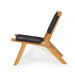 Side view of Zen Lazy Chair in Black with curved teak frame and open weave rope seat and backrest.