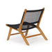 Rear angle of Zen Lazy Chair in Black featuring sculptural teak silhouette and open rope weaving.