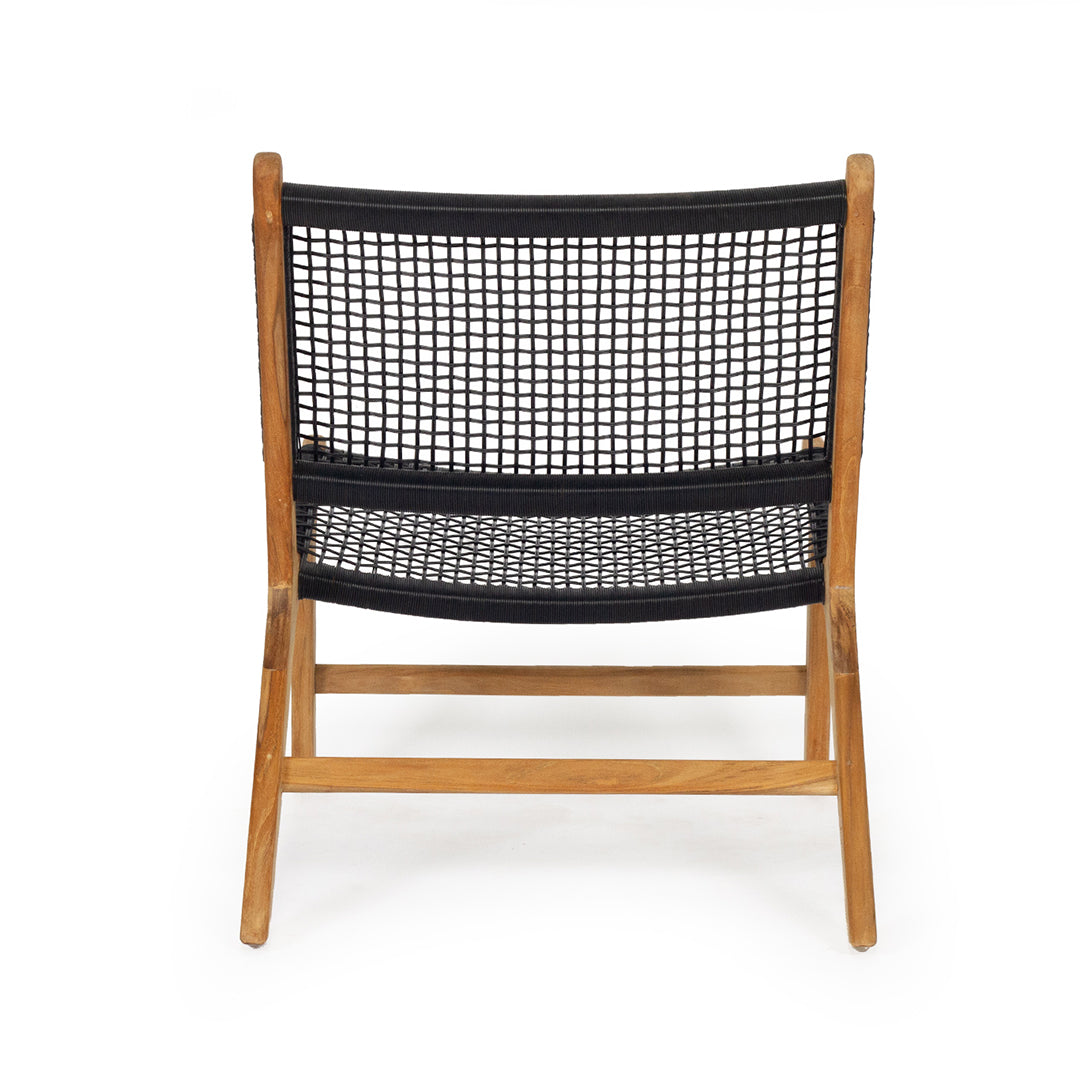 Back view of Zen Lazy Chair – Black – Open Weave showing square-grid rope pattern and wide-set teak legs.