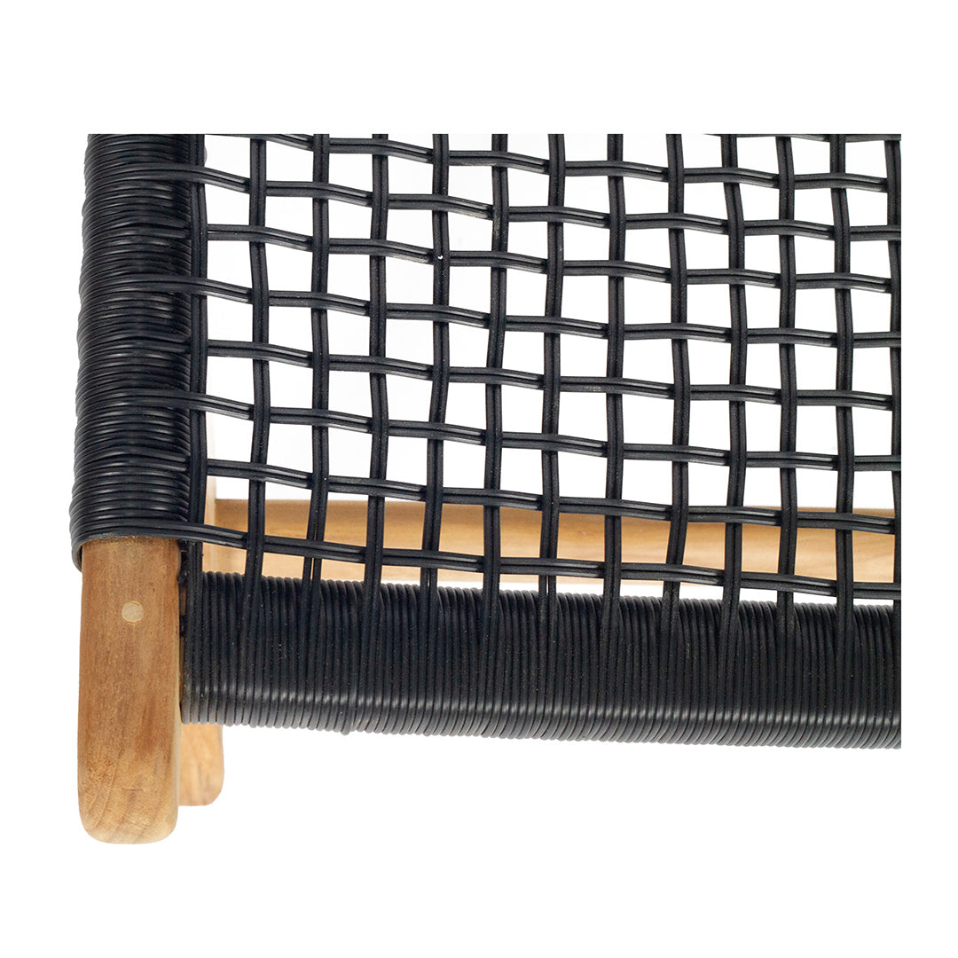 Overhead close-up of black open weave rope backrest on Zen Lazy Chair with visible teak frame joints.