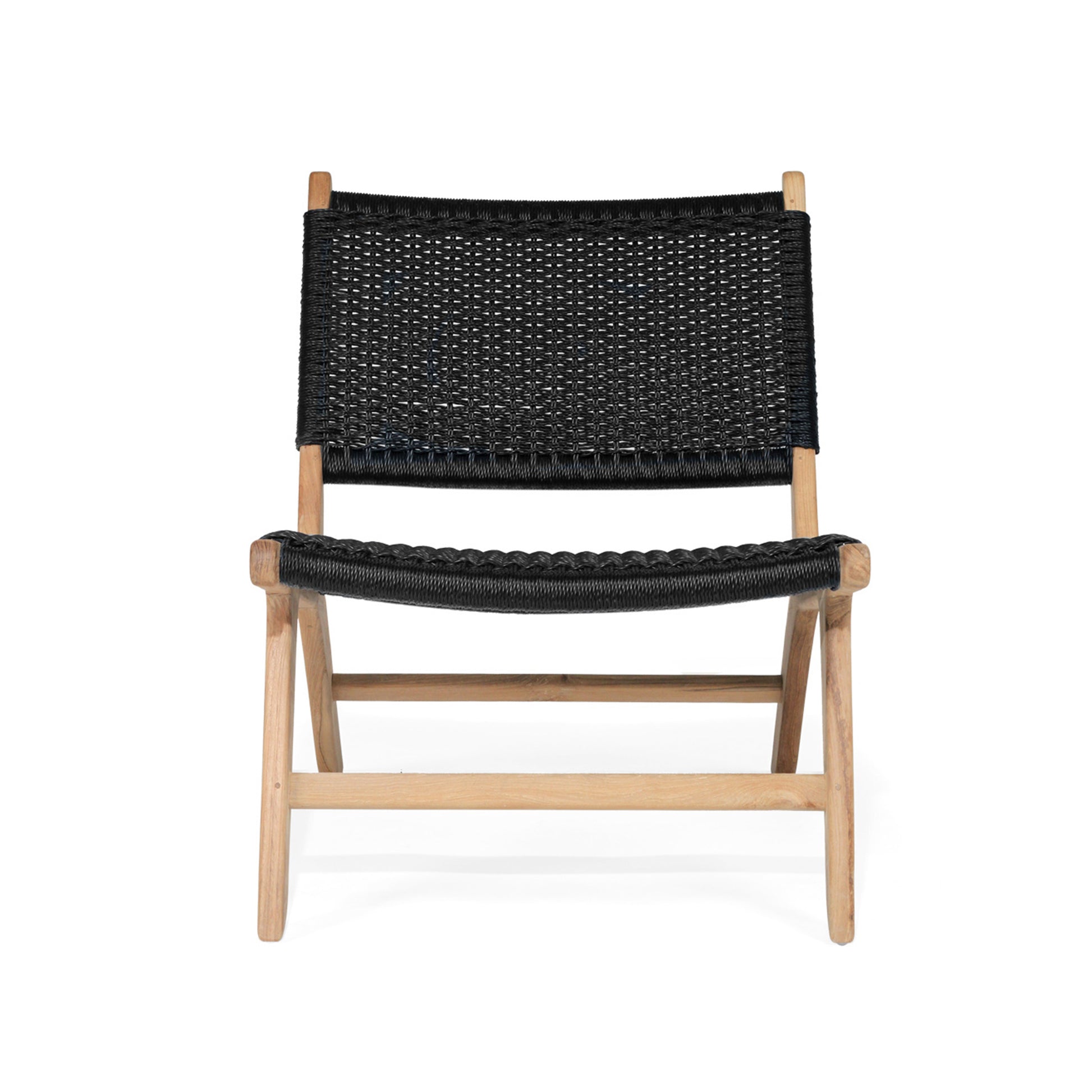 Head-on view of Zen Lazy Chair highlighting deep black weave and teak support.