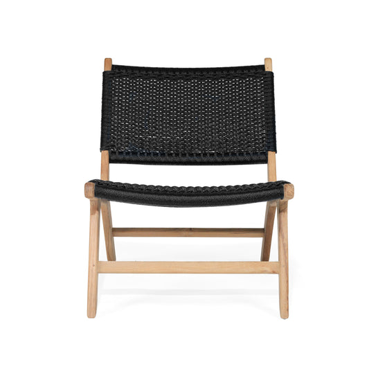 Head-on view of Zen Lazy Chair highlighting deep black weave and teak support.