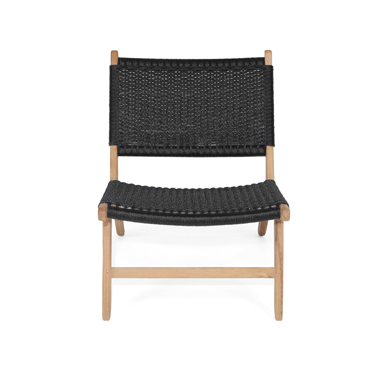 Front view of Zen Lazy Chair with black woven seat and backrest on a natural teak base.