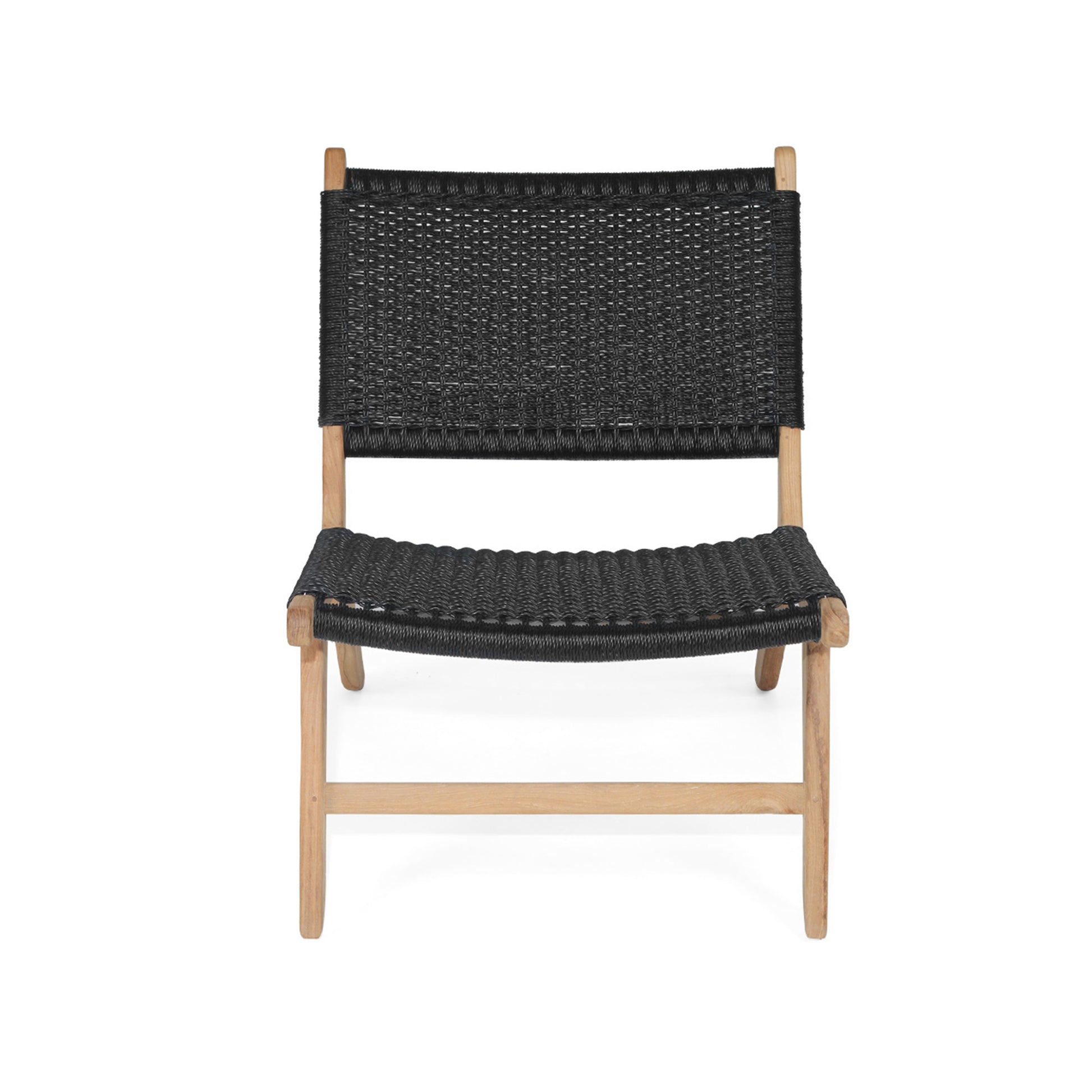 Front view of Zen Lazy Chair with black woven seat and backrest on a natural teak base.