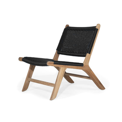 Angled front-side view of Zen Lazy Chair featuring sculpted teak base and black weave seat.
