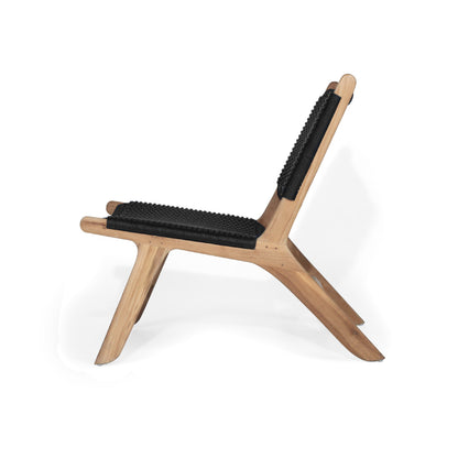 Side profile of Zen Lazy Chair in black close weave with ergonomic teak frame.