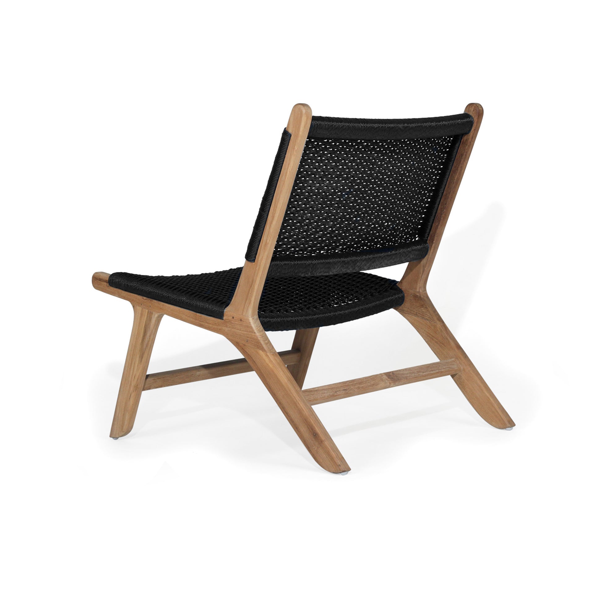 Angled rear-side view showing black woven rope backrest and teak frame.