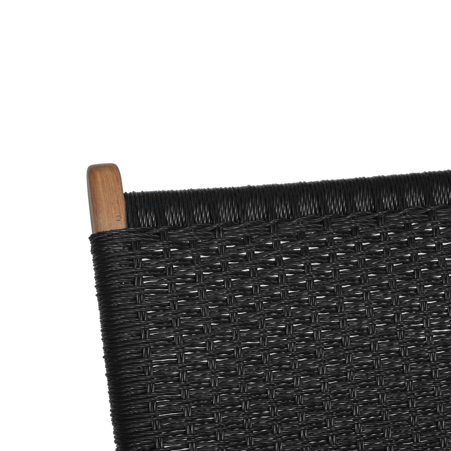 Close-up of the top backrest showing tightly woven black rope and teak wood detail.