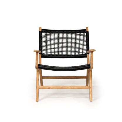 Front-facing studio image of Zen Lazy Chair – Black – Open Weave with curved teak frame and grid rope detail.