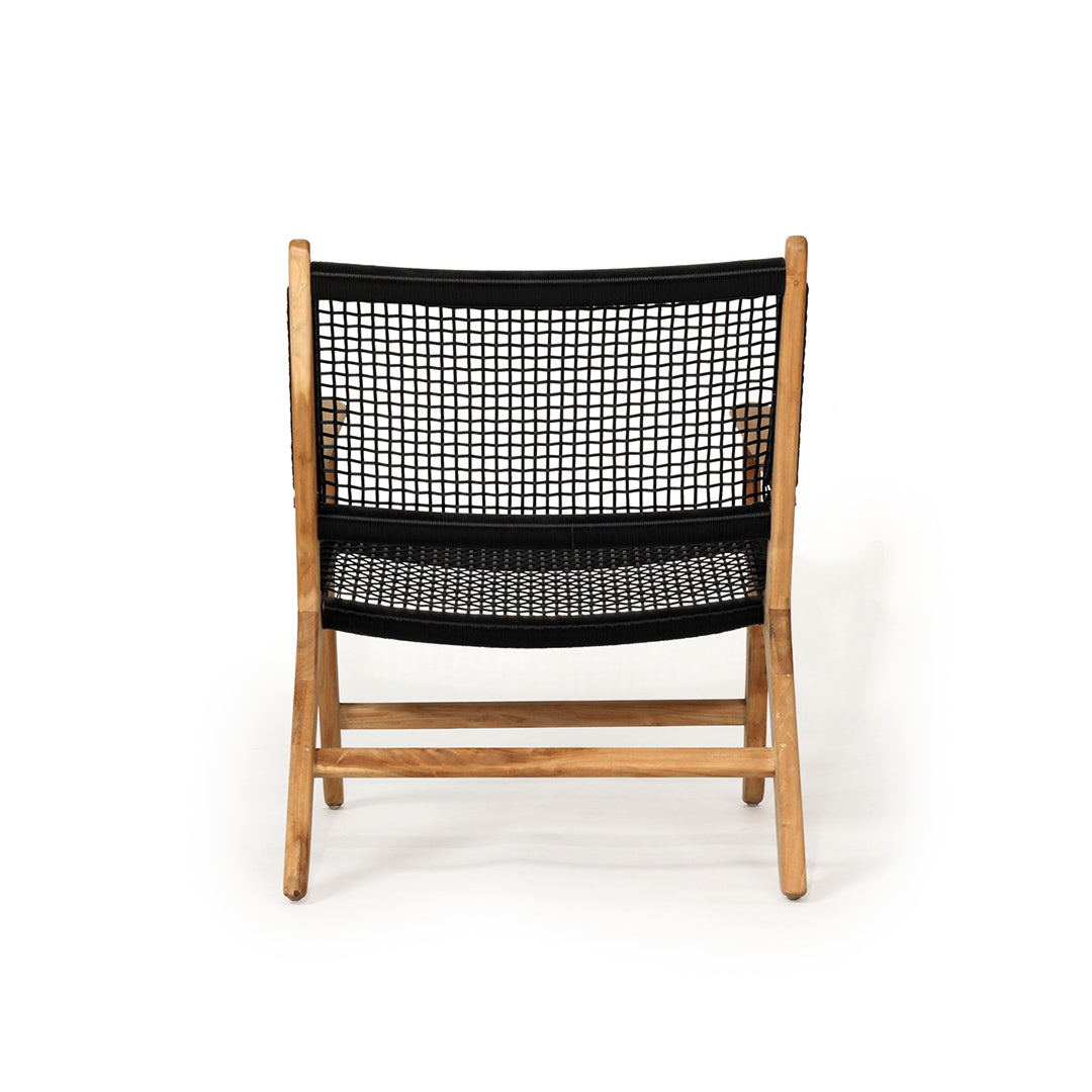 Rear view of Zen Lazy Chair – Black – Open Weave with grid-style rope backrest and natural teak frame.