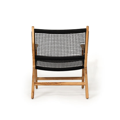 Rear view of Zen Lazy Chair – Black – Open Weave with grid-style rope backrest and natural teak frame.