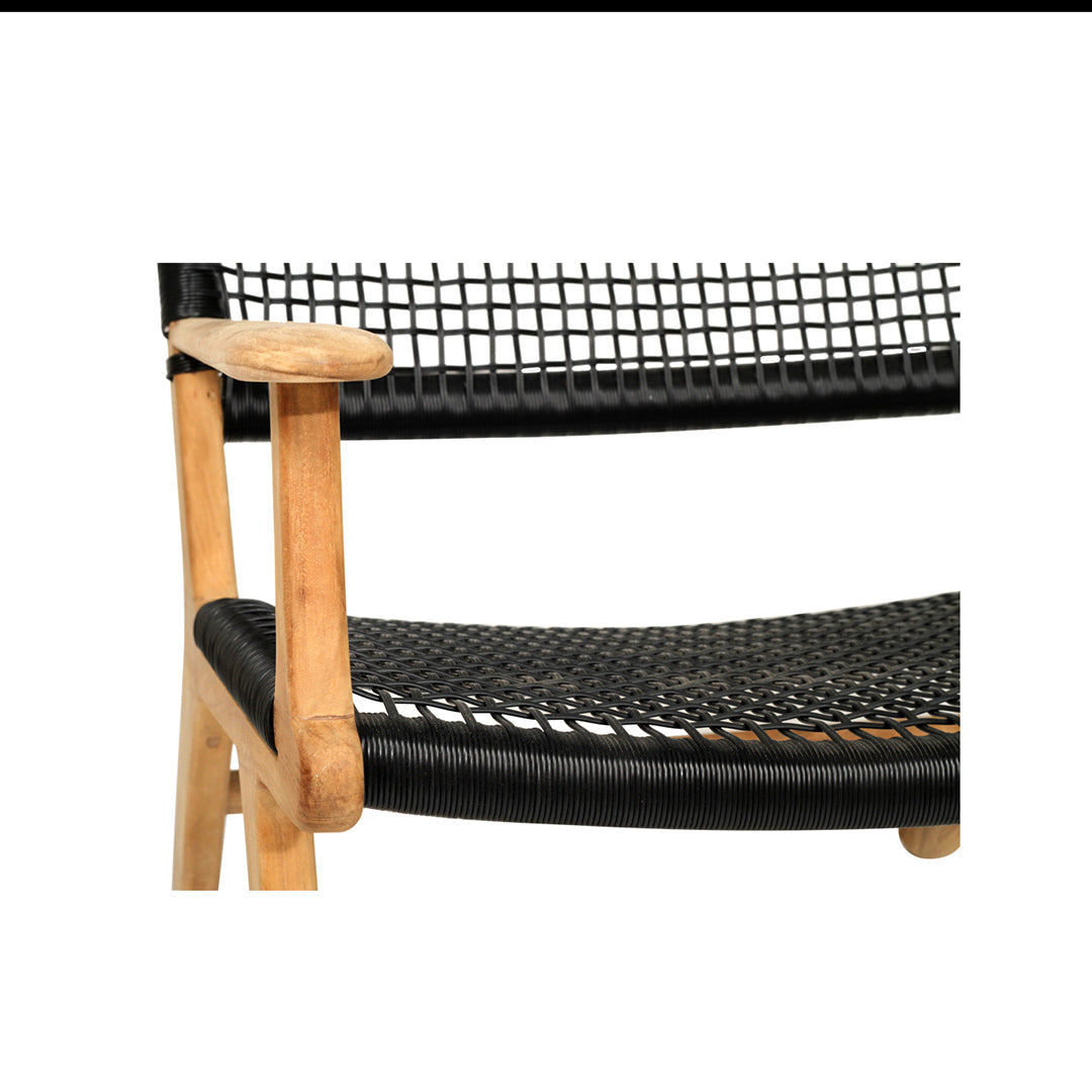 Close-up of Zen Lazy Chair in Black showing teak frame and handwoven open weave black rope seat and backrest.