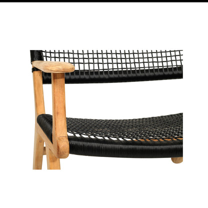Close-up of Zen Lazy Chair in Black showing teak frame and handwoven open weave black rope seat and backrest.