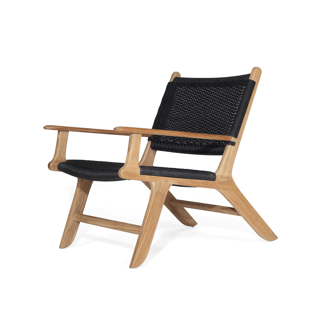 Angled front view of Zen Lazy Chair – Black – Close Weave with sculpted teak arms and tightly woven black seat.