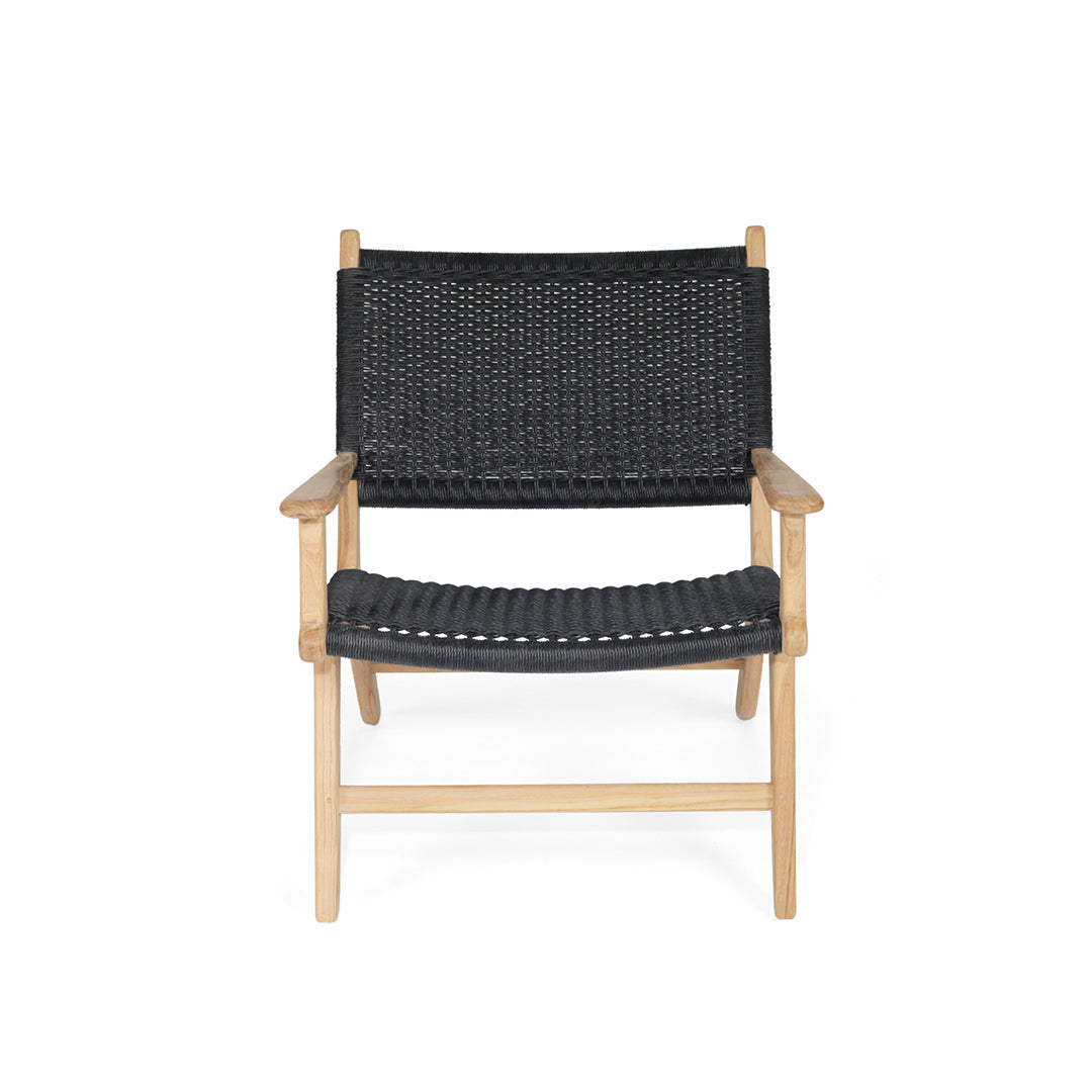 Front-facing view of Zen Lazy Chair – Black – Close Weave with flat armrests and woven seat and backrest.