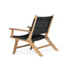Angled rear view highlighting the sculpted teak frame and deep curved backrest in black weave.