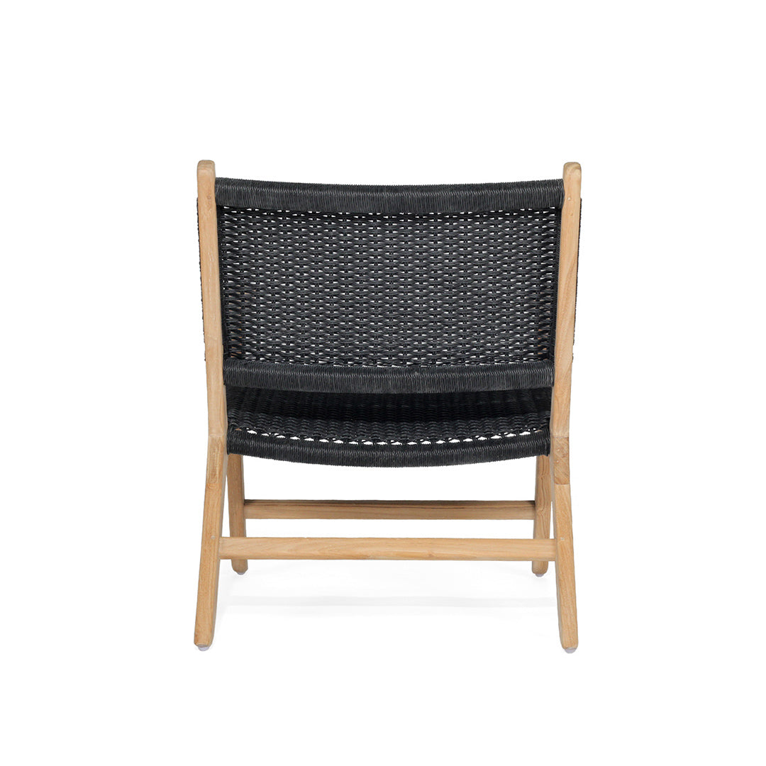 Rear view of Zen Lazy Chair – Black – Close Weave with double-layer woven black backrest and teak frame.