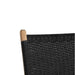 Detail view of upper backrest showing tightly woven black rope pattern and natural teak wood frame.