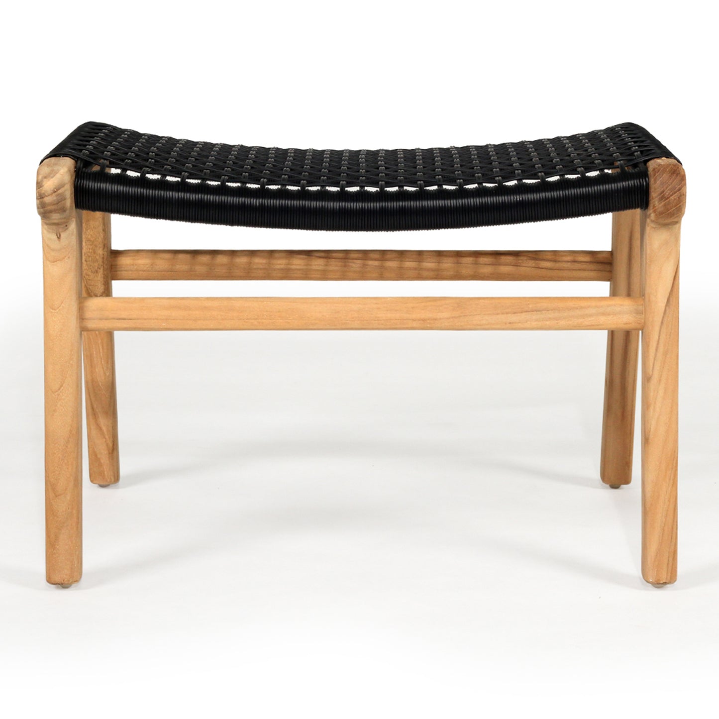 Rear view of the Zen Lazy Chair Ottoman in Black with a wide seat composed of open weave black rope, supported by a sturdy, natural teak frame ideal for contemporary or rustic spaces.