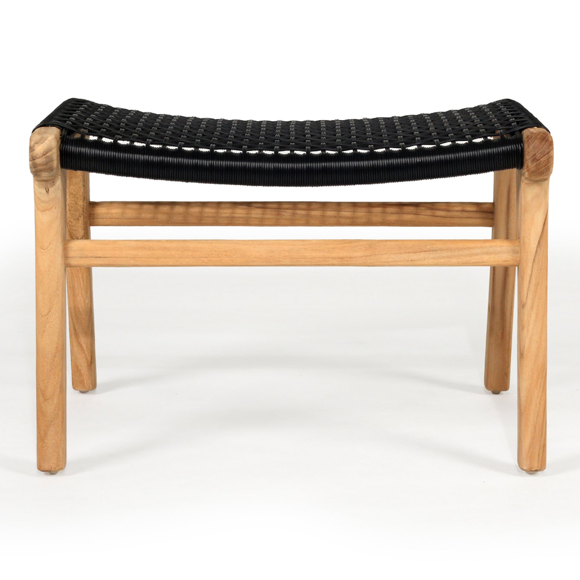 Rear view of the Zen Lazy Chair Ottoman in Black with a wide seat composed of open weave black rope, supported by a sturdy, natural teak frame ideal for contemporary or rustic spaces.