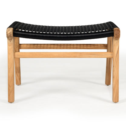 Rear view of the Zen Lazy Chair Ottoman in Black with a wide seat composed of open weave black rope, supported by a sturdy, natural teak frame ideal for contemporary or rustic spaces.