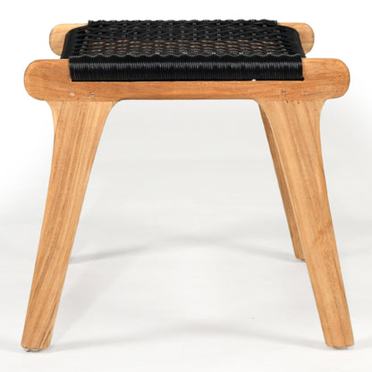 Side profile of the Zen Lazy Chair Ottoman in Black, showcasing sculpted teak wood legs and a slightly curved seat wrapped in handwoven black rope for minimalist yet bold seating design.