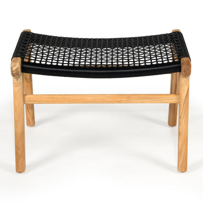 Front view of the Zen Lazy Chair Ottoman - Black - Open Weave, highlighting its symmetrical teak frame construction and woven black seat in a wide crisscross pattern for breathable support.