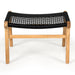 Front view of the Zen Lazy Chair Ottoman - Black - Open Weave, highlighting its symmetrical teak frame construction and woven black seat in a wide crisscross pattern for breathable support.