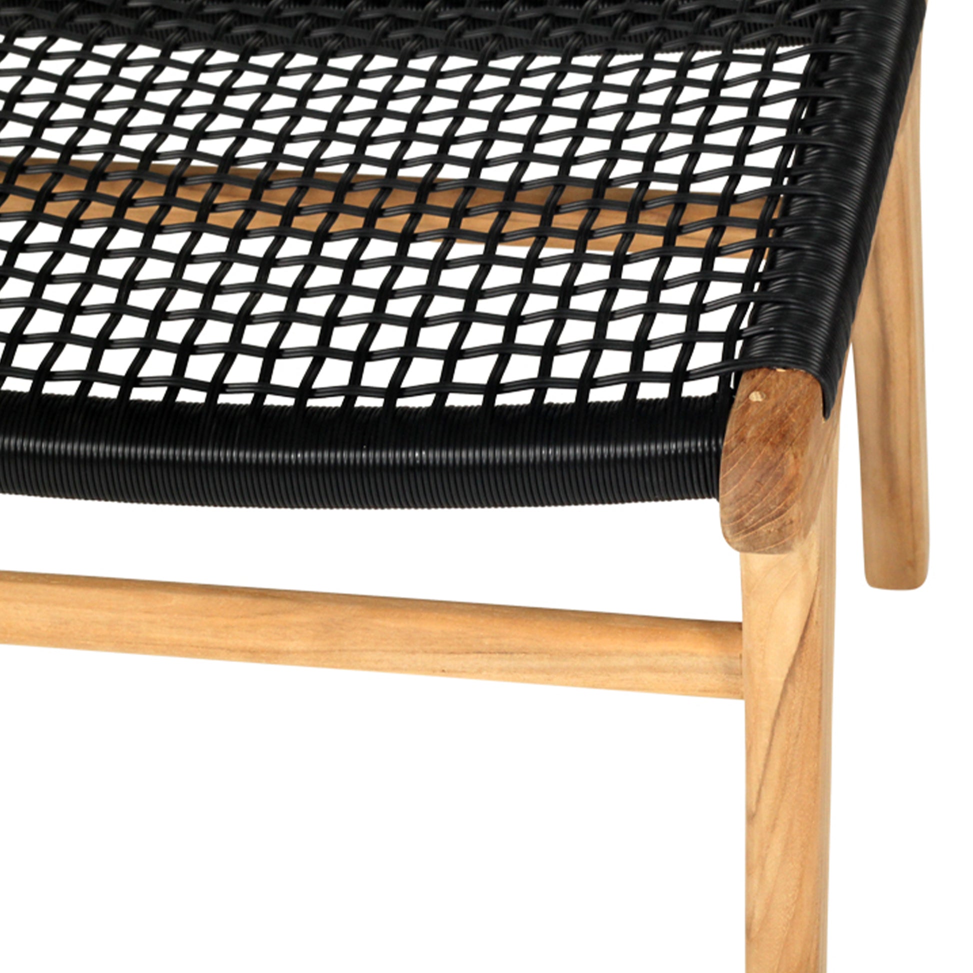 Close-up of the Zen Lazy Chair Ottoman in Black showing the open weave seat design with tightly wrapped black cord on a rounded teak wood frame, blending modern contrast with organic texture.
