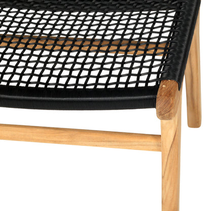 Close-up of the Zen Lazy Chair Ottoman in Black showing the open weave seat design with tightly wrapped black cord on a rounded teak wood frame, blending modern contrast with organic texture.