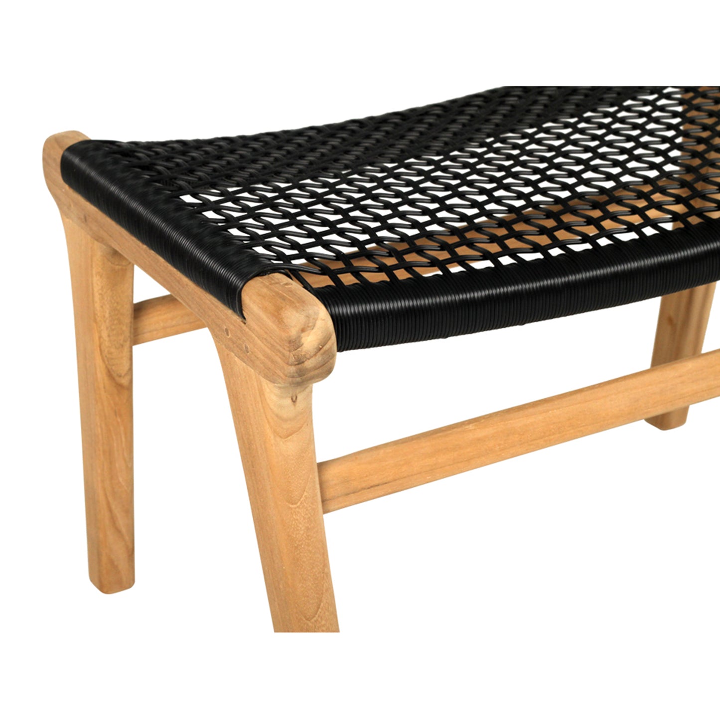 Detailed corner angle of the Zen Lazy Chair Ottoman - Black - Open Weave, featuring durable black cord woven over smooth teak wood, offering a close look at the craftsmanship and joinery.