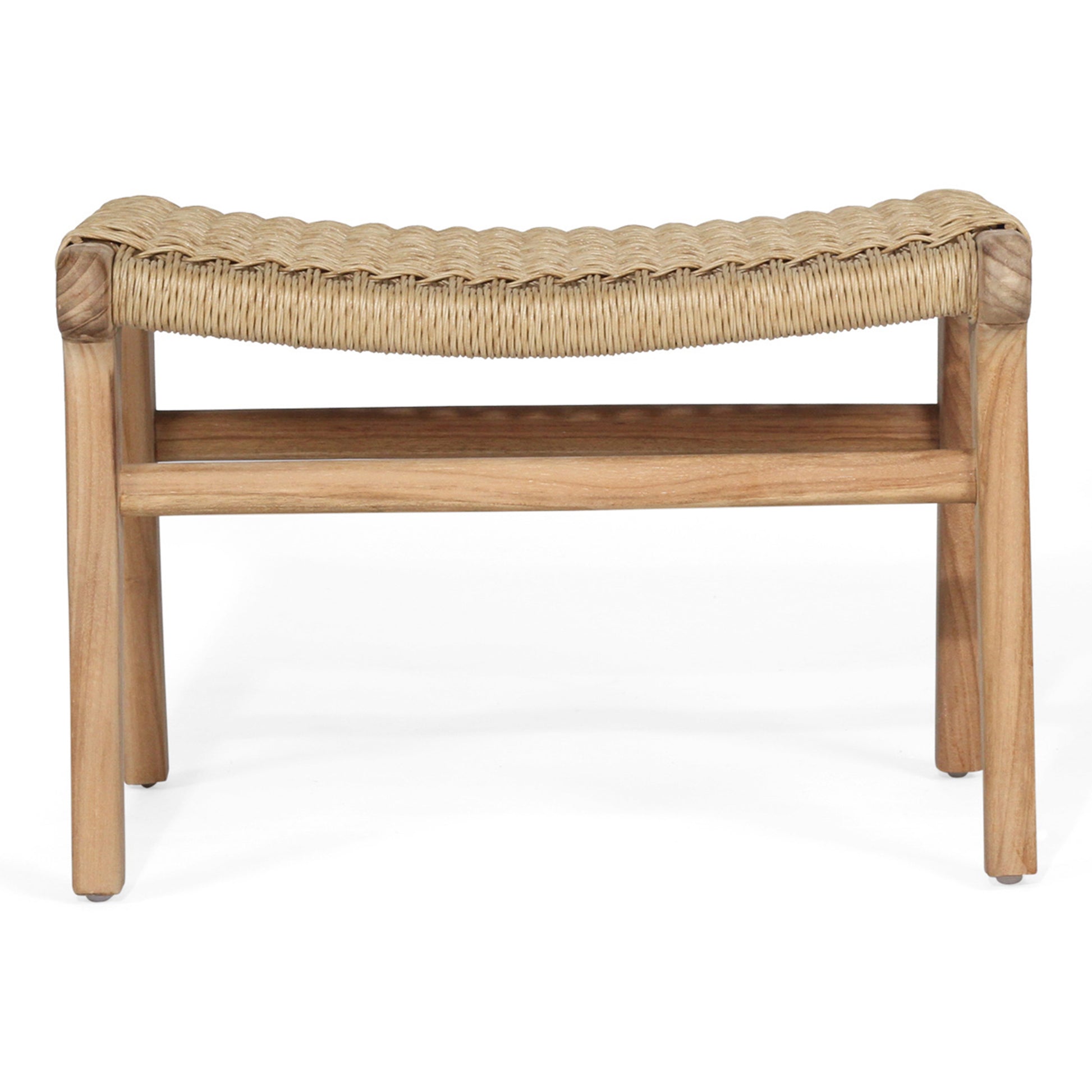 Rear view of the Zen Lazy Chair Ottoman in Sand, showing the sculpted teak wood structure and dense close weave seat design, blending rustic texture with modern minimalist form.