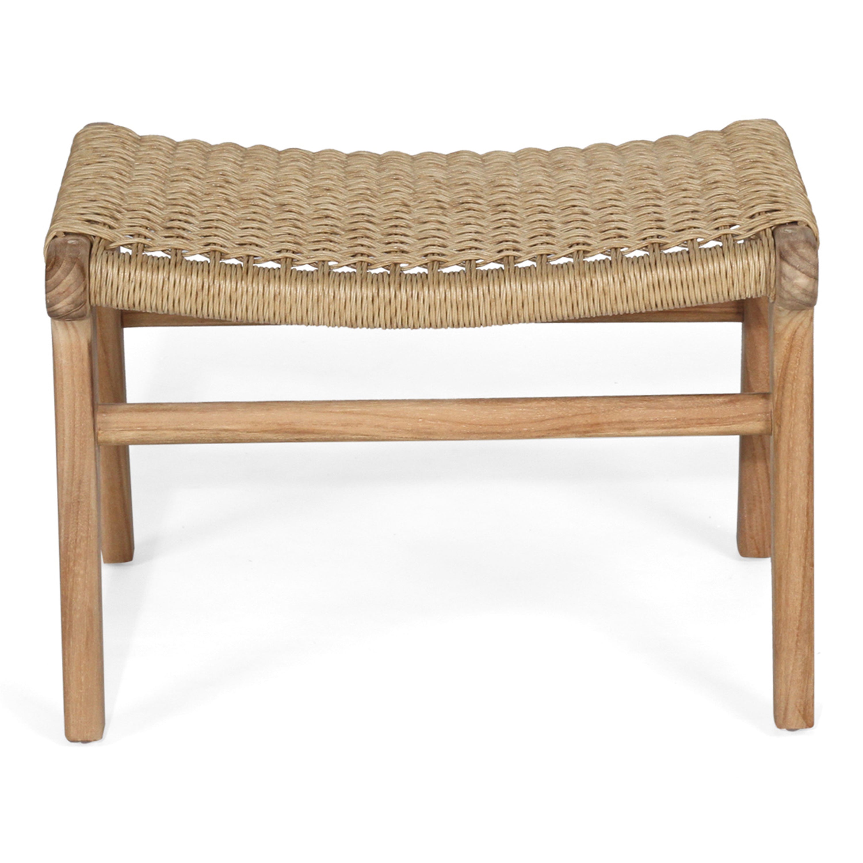 Front-facing view of the Zen Lazy Chair Ottoman - Sand - Close Weave, highlighting the symmetrical silhouette, sand-toned woven seat, and natural teak wood base with horizontal support bars.