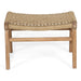 Front-facing view of the Zen Lazy Chair Ottoman - Sand - Close Weave, highlighting the symmetrical silhouette, sand-toned woven seat, and natural teak wood base with horizontal support bars.