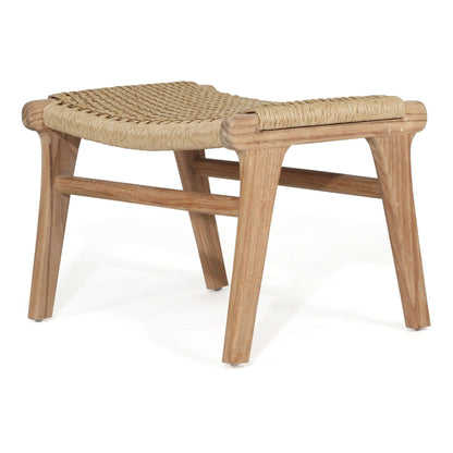 Angled perspective of the Zen Lazy Chair Ottoman - Sand - Close Weave, emphasizing the handcrafted woven seat in a sandy beige tone and the clean, natural lines of the teak wood frame.