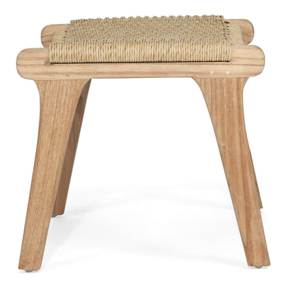 Side view of the Zen Lazy Chair Ottoman in Sand color with a close weave seat pattern, displaying mid-century modern tapered teak legs and a tightly woven cord surface for structured support.