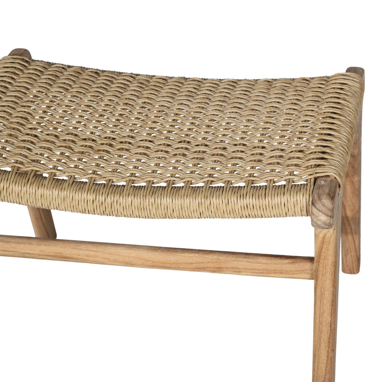 Close-up of the Zen Lazy Chair Ottoman - Sand - Close Weave, showcasing a tightly handwoven sand-colored rope seat in an intricate braided pattern, wrapped over a rounded corner of a solid teak wood frame.