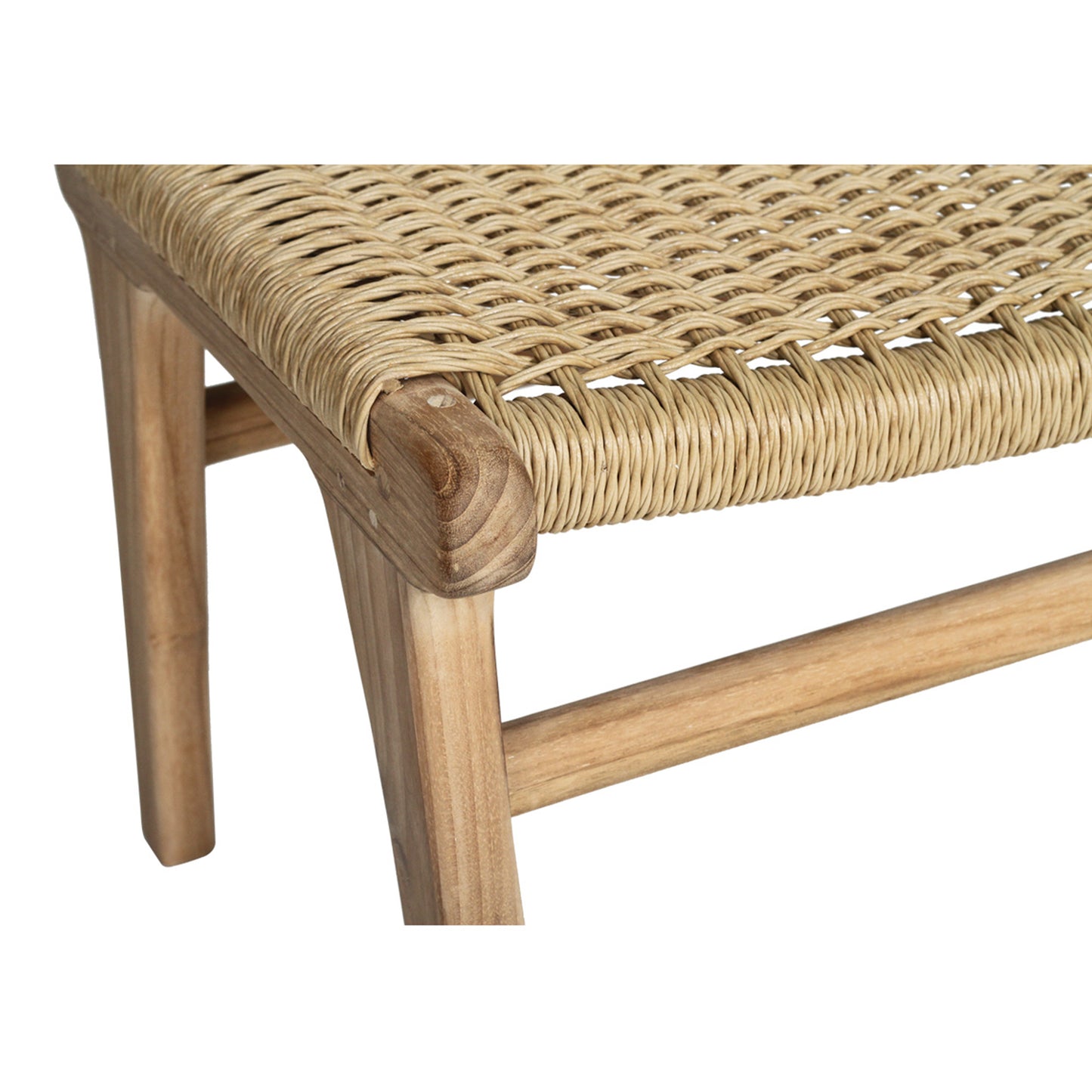 Angled corner detail of the Zen Lazy Chair Ottoman in Sand finish, featuring a close weave design with light tan rope tightly wrapped around the curved teak wood frame, emphasizing artisanal construction.
