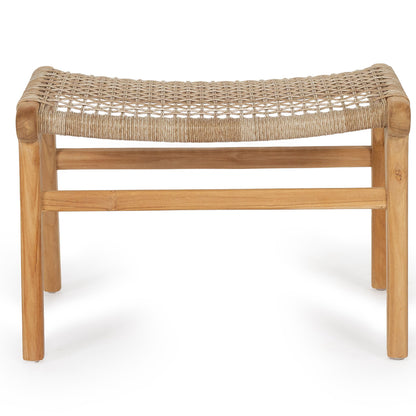 Rear view of the Zen Lazy Chair Ottoman in Washed Grey highlighting the symmetrical teak wood structure and open weave tan rope seat, crafted for modern indoor or covered outdoor use.