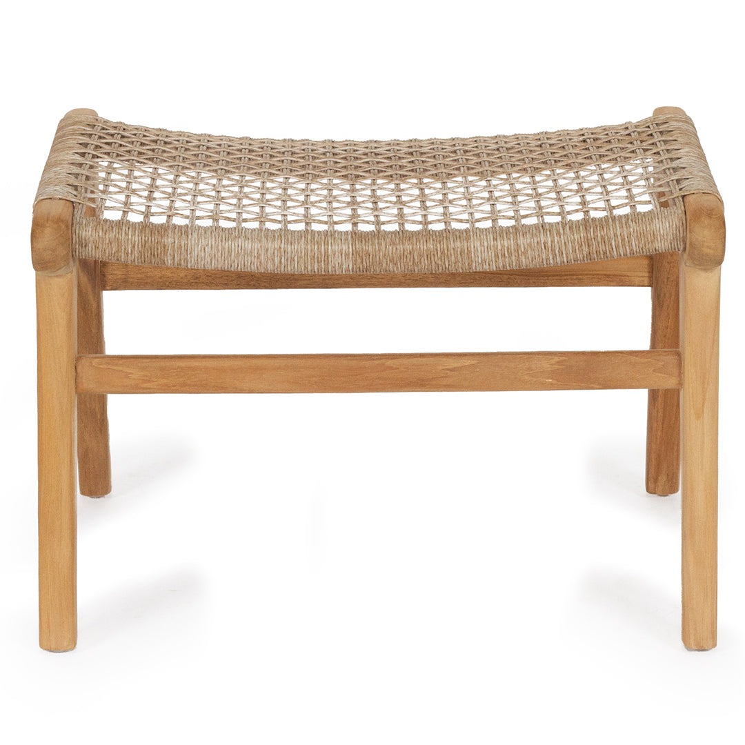 Front view of the Zen Lazy Chair Ottoman - Washed Grey - Open Weave, with a tightly interlaced tan cord seat and solid teak wood frame featuring horizontal support rails for added durability and design balance.