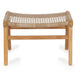Front view of the Zen Lazy Chair Ottoman - Washed Grey - Open Weave, with a tightly interlaced tan cord seat and solid teak wood frame featuring horizontal support rails for added durability and design balance.