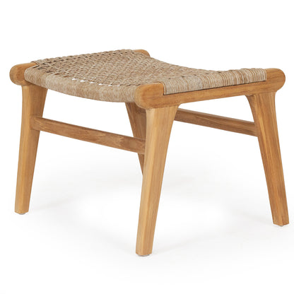 Angled rear perspective of the Zen Lazy Chair Ottoman in Washed Grey, showcasing the open weave tan rope seat and the elegant grain of the teak wood frame, ideal for boho, tropical, or Scandinavian interiors..