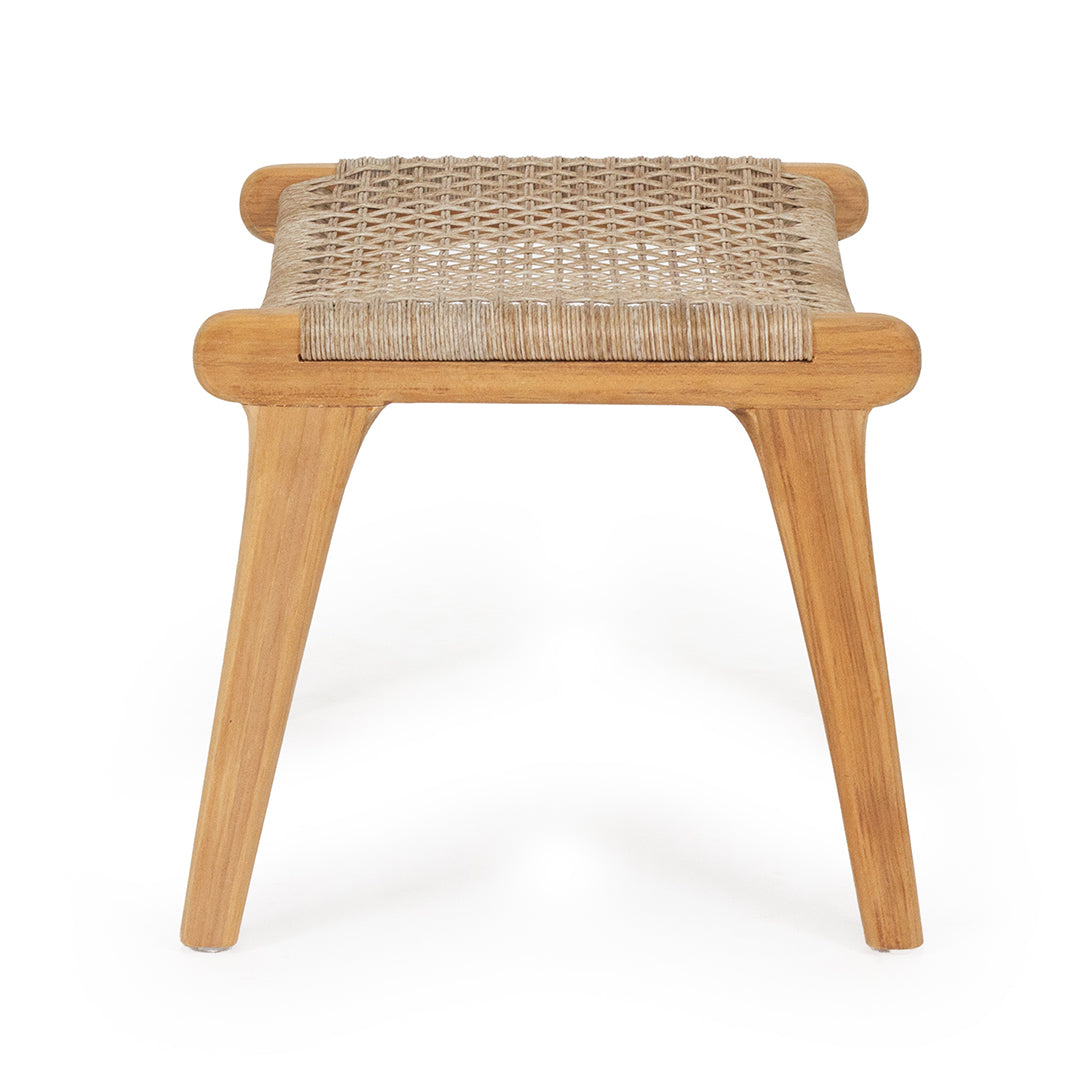 Side view of the Zen Lazy Chair Ottoman - Washed Grey - Open Weave, showing clean lines, gently flared teak wood legs, and a breathable woven seat pattern that blends coastal charm with modern simplicity.