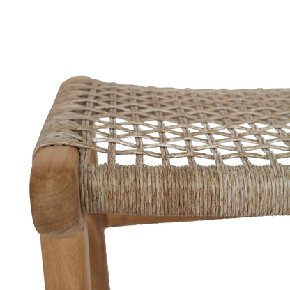 Top-down angled view of the Zen Lazy Chair Ottoman - Washed Grey  - Open Weave, highlighting the detailed diagonal lattice pattern of the natural rope seat interlaced around a rounded teak wood frame.