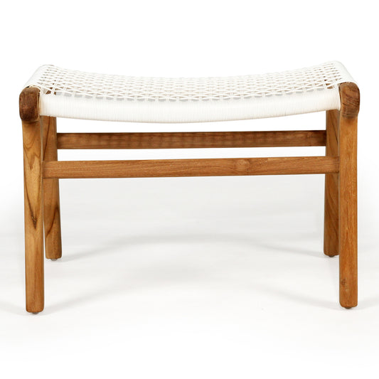 Straight-on front view of the Zen Lazy Chair Ottoman - White - Open Weave, with a handwoven airy white cord seat and a robust teak wood frame, ideal for casual seating in coastal, Scandinavian, or boho-inspired interiors.