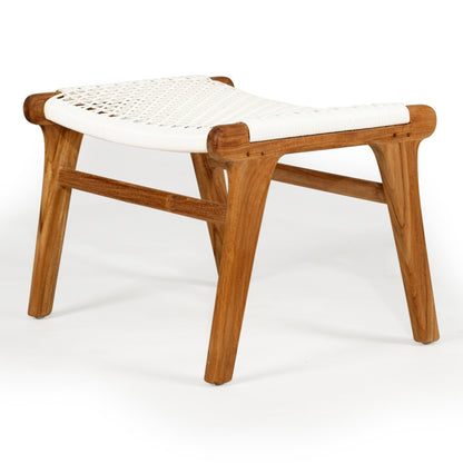 Angled view of the Zen Lazy Chair Ottoman - White - Open Weave, emphasising the sculpted teak wood legs, open grid-style rope seat, and minimalist mid-century modern aesthetic.