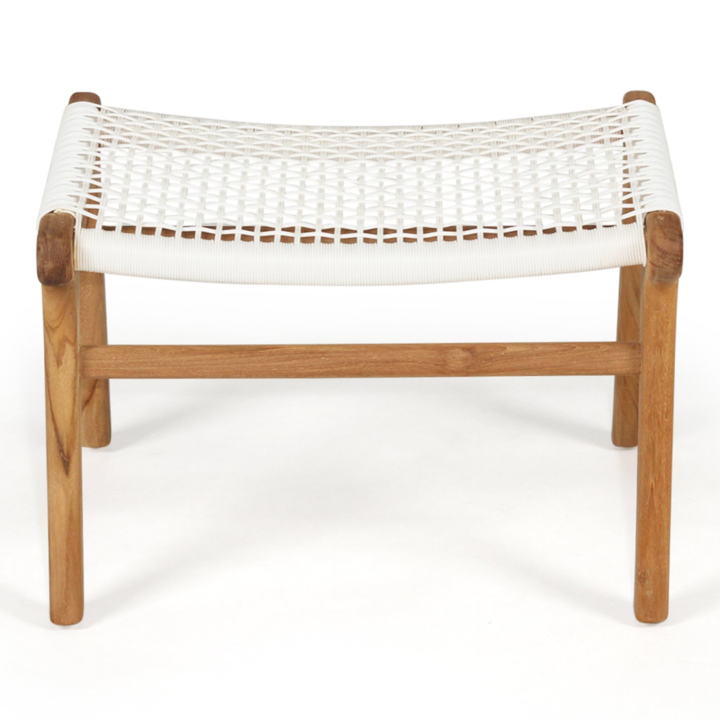 Front view of the Zen Lazy Chair Ottoman in White featuring an open weave seat design with a natural teak wood structure, dual horizontal support bars, and a gently curved seating surface for ergonomic comfort.