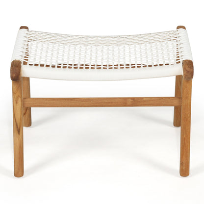 Front view of the Zen Lazy Chair Ottoman in White featuring an open weave seat design with a natural teak wood structure, dual horizontal support bars, and a gently curved seating surface for ergonomic comfort.