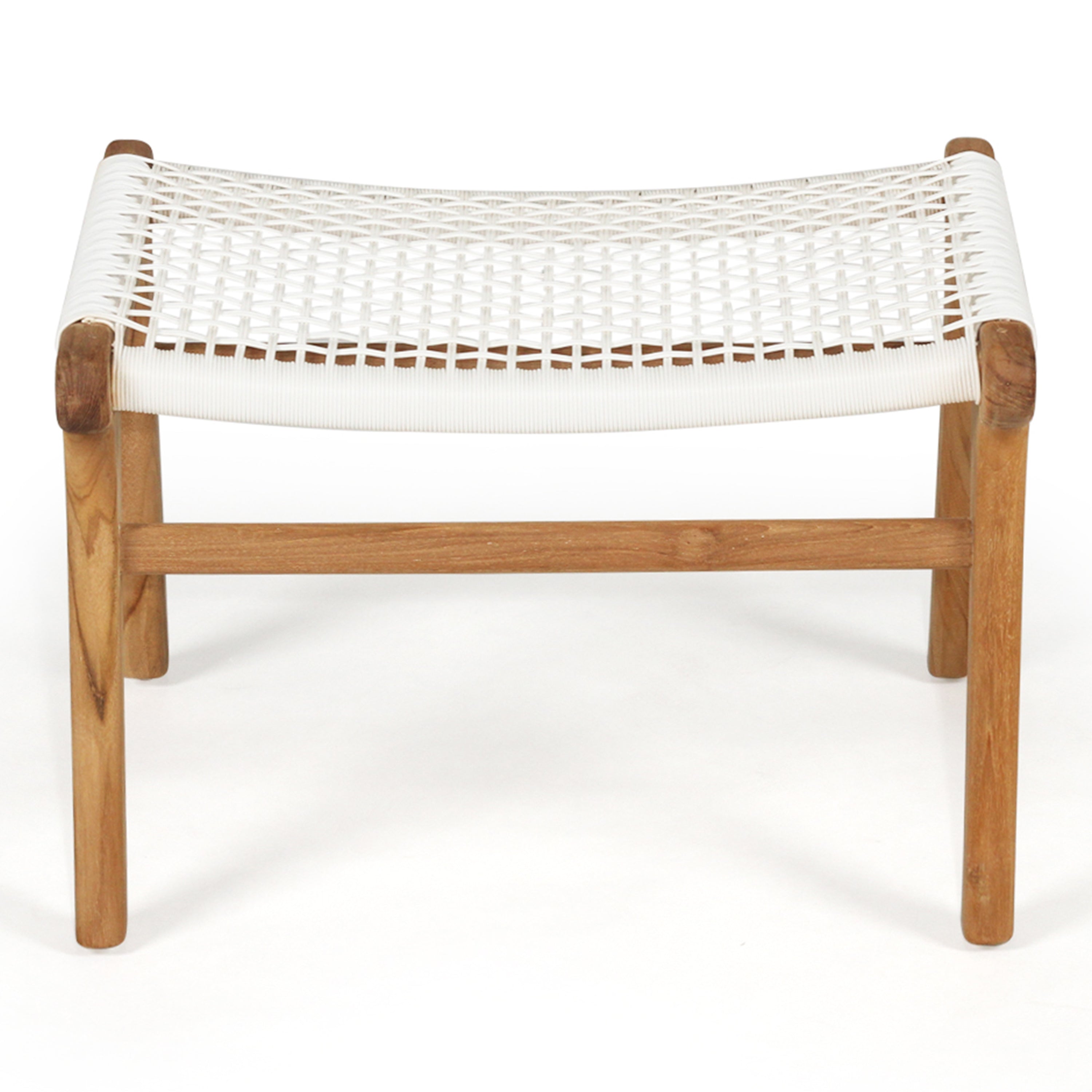 Front view of the Zen Lazy Chair Ottoman in White featuring an open weave seat design with a natural teak wood structure, dual horizontal support bars, and a gently curved seating surface for ergonomic comfort.