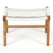Front view of the Zen Lazy Chair Ottoman in White featuring an open weave seat design with a natural teak wood structure, dual horizontal support bars, and a gently curved seating surface for ergonomic comfort.